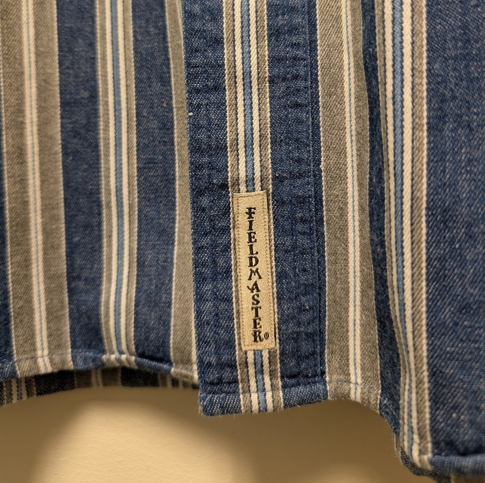 Fieldmaster Vintage Blue White and Tan Denim Striped Button Down Shirt Men's M - Picture 6 of 12
